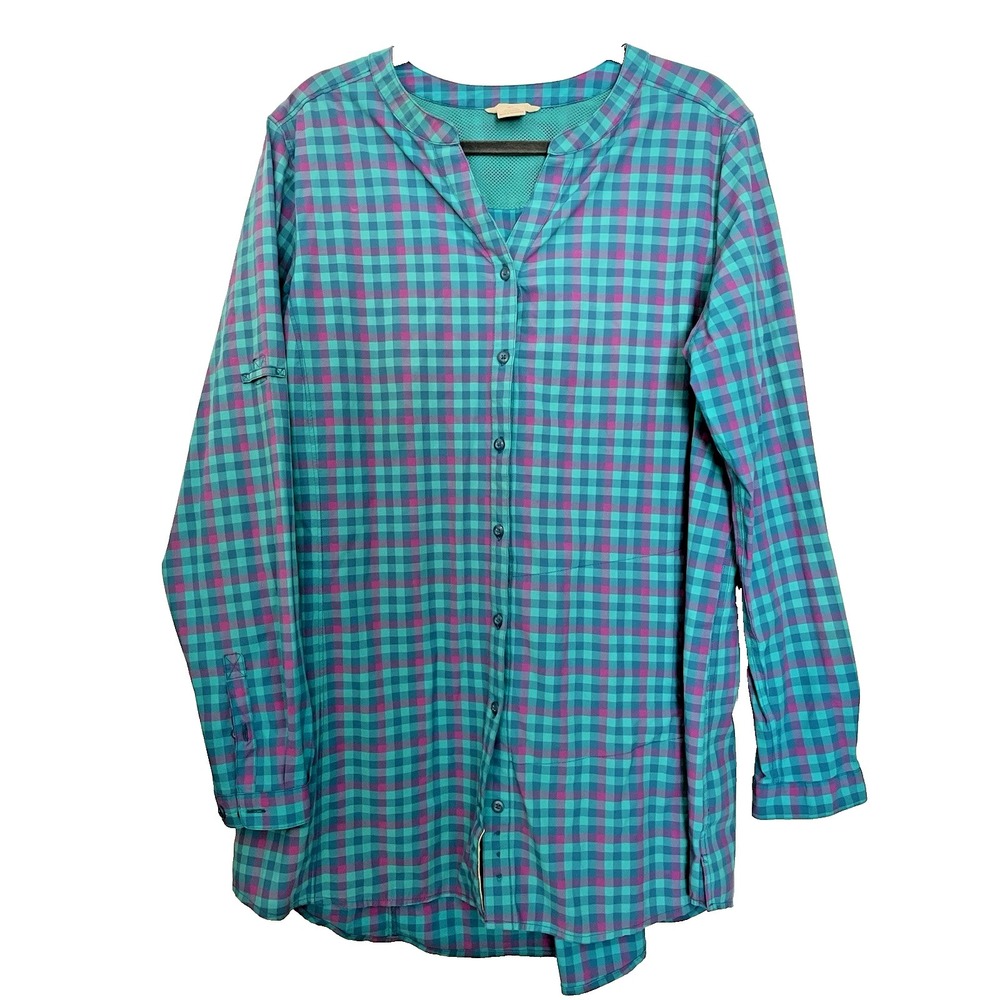 Duluth Woman's Shirt XL Vented Cooling Garden long sleeve blue plaid tunic Vneck